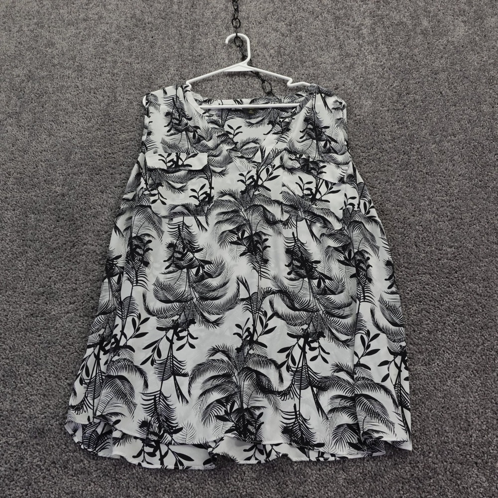 Worthington Tank Top Womens 2X White Black Palm Tropical V Neck Sleeveless